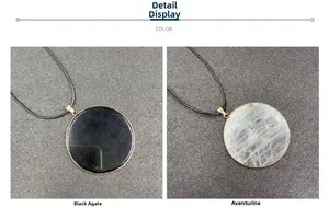 Detail of round black onyx and labradorite stone pendants with gold metal edge