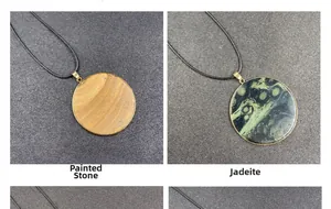 Detailed view of Picture Stone and Bird's Eye Stone round pendants with gold metal frames