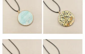 Detail of round Dalmatian Jasper and Amazonite pendants with gold metal edge