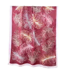 Retro red feather print scarf made of lightweight linen-cotton blend for women