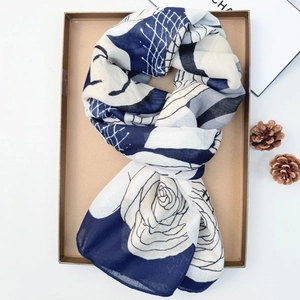 Elegant floral print cotton linen long scarf for women presented in a stylish gift box