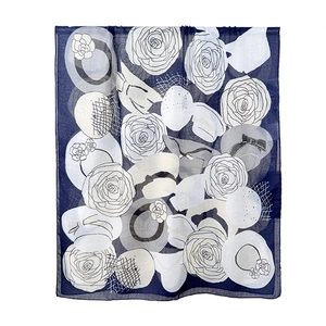 Elegant navy blue and white long scarf with artistic rose floral and geometric patterns