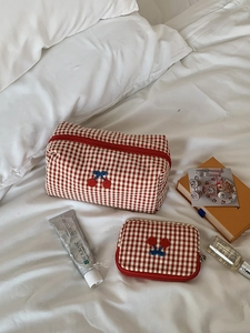 Cherry Embroidery Gingham Cotton Makeup Bag Portable Red Checkered Travel Cosmetic Storage Pouch For Women Large Capacity Zipper Organizer