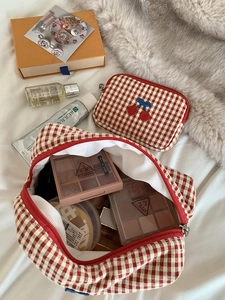 Red checkered cosmetic bag set with cherry embroidery and metallic zipper detail