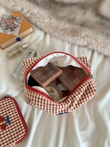 Red plaid cosmetic bag set with cherry embroidery and zipper, high capacity travel pouch