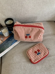 Two-piece red checkered canvas storage bags featuring 3D embroidered cherry patterns