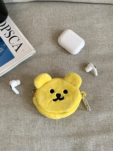 Cute yellow plush bear coin purse and earphone storage bag with silver metal carabiner