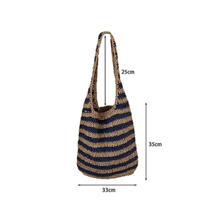 Detail view showing blue and beige striped woven shoulder bag with size 35x33cm and 25cm strap