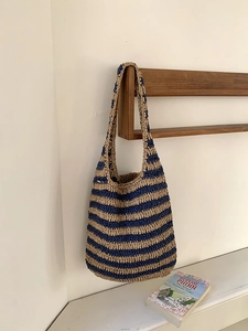 Striped Woven Straw Shoulder Bag Large Capacity Contrast Color Summer Beach Vacation Hobo Tote Handbag For Women