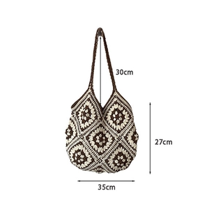 Detailed dimensions of the handmade crochet tote bag with retro floral patterns