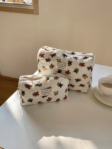 Trousse De Maquillage Matelassée En Coton Imprimé Ours De Dessin Animé Organisateur Cosmétique De Voyage Pour Femmes