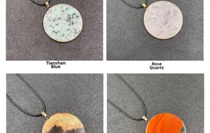 Round rose quartz and blue aventurine stone pendants with elegant gold metal frames