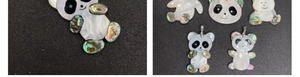 Détail de pendentifs panda en nacre blanche et coquille d'abalone avec reflets naturels