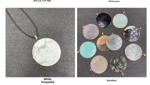 Detailed display of natural stone disc pendants with elegant gold metal frames