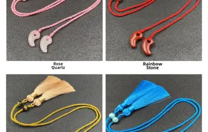 Handgefertigte Magatama-Anhänger mit Rosenquarz, Regenbogenstein und Quasten-Details