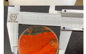 Detailed top view of 49mm natural red jasper stone pendant measured with a caliper