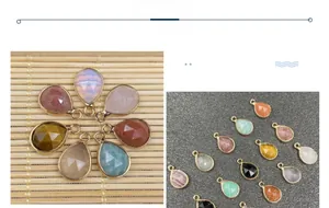 Faceted teardrop gemstone pendants with gold-plated edges in various colors and textures