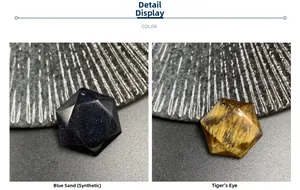 Dettaglio di pendenti geometrici in pietra del sole blu e occhio di tigre lucidi