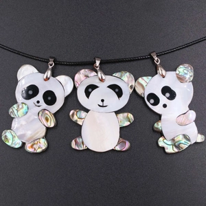 Collier Pendentif Panda Ours en Nacre Blanche Naturelle et Coquille d'Abalone Charme Animal avec Cordon Ciré Noir Bijoux Dessin Animé