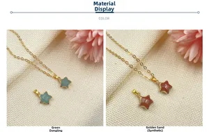 Detail view of star-shaped green aventurine and gold sand stone pendants with gold chains