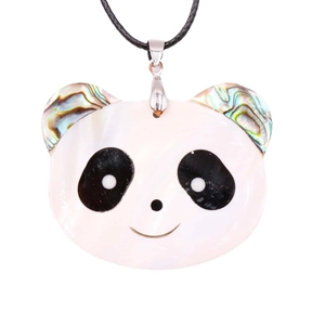 Pendentif panda en nacre blanche et incrustation d'abalone sur un cordon noir élégant