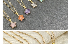 Detail showing five-pointed star crystal pendants in multiple colors with gold plating