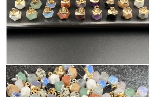 Detailed collection of hexagonal prism gemstone pendants in various natural colors