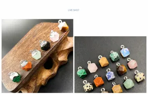 Detailansicht verschiedener achteckiger facettierter Edelsteinanhänger mit Metallösen