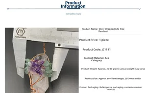 Vue détaillée des dimensions du pendentif arbre de vie en cristal et fil