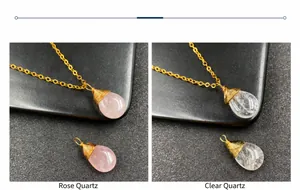 Vista de detalles de colgantes de cristal en forma de gota hechos a mano en rosa y blanco