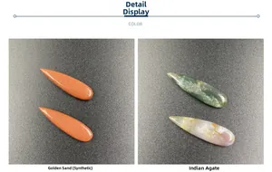 Detailed comparison of synthetic goldstone and Indian agate long teardrop pendants