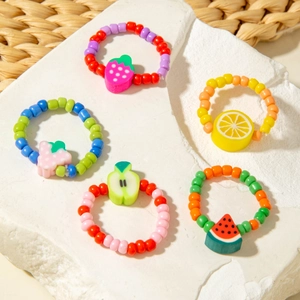 Summer 5-piece set of colorful beaded fruit rings with strawberry and lemon charms