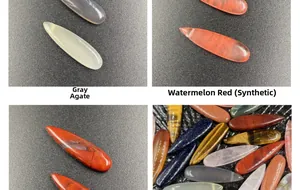 Detailed grid of grey agate, watermelon red stone, and tiger eye pendants for jewelry diy