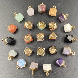 Natural Amethyst Rose Quartz Polyhedron Pendant For DIY Necklace Making Alloy Gilded Faceted Semi-Precious Stone Pendants Jewelry Findings