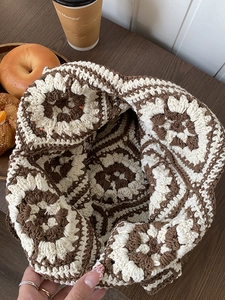 Handmade crochet granny square tote bag in beige and coffee brown for holiday travel