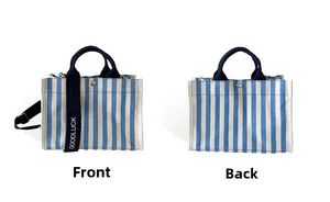 Vue avant et arrière du sac cabas en toile à rayures bleues avec sangle GOODLUCK