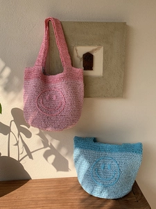 Handwoven Straw Tote Bag Bohemian Crochet Handbag With Smiley Face For Beach Vacation Casual Style Women