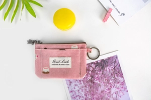 Porte-monnaie en tissu rose avec patch Good Luck, anneau et fermeture pour petits objets