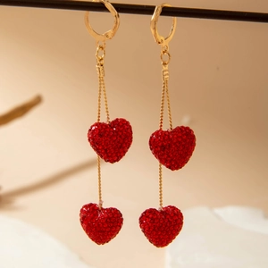 Elegant long red heart tassel earrings with sparkling crystals and golden chains