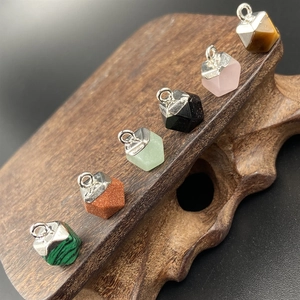 Set of six hexagonal crystal pendants featuring Tiger Eye, Rose Quartz and Malachite stones