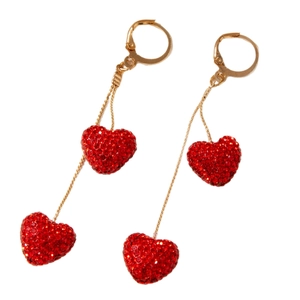 Elegant long red heart drop earrings with gold-tone pavé crystals for women