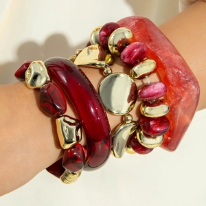 Beaded Elastic Bracelet And Resin Bangle Red Marble Gold Tone Alloy Stackable Vintage Bohemian Fashion Jewelry For Women