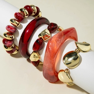 Five-piece set of red resin beaded bracelets and gold CCB metal bangles for women