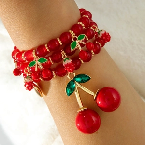 Red Beaded Bracelets Cherry Strawberry Evil Eye Alloy Pendants Sweet Bohemian Jewelry For Women