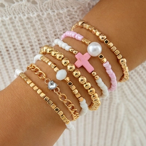 Bracciali Di Perline Bohemian Künstliche Perle In Lega Dorata Ciondolo A Croce In Resina Perla Artificial Imitazione Pendente A Cuore Moda Rosa Bianco Gioielli Donne
