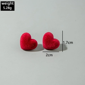 Detailed view of red velvet heart earrings with 5.28g weight and 2cm size specifications