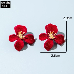 Detailed view of red velvet flower earrings with golden stamens and dimensions