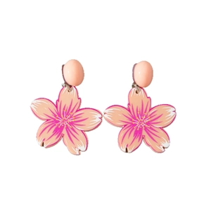 Pink cherry blossom acrylic drop earrings with gradient petals and pink bead accent