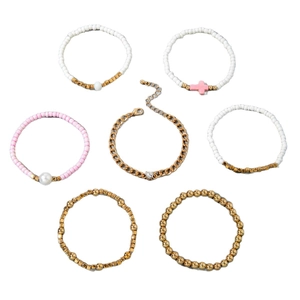 Set di 7 braccialetti minimalisti con perle e croce con ciondoli a cuore dorati