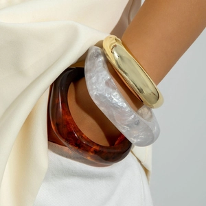 Women Chunky Wide Bangles Irregular Resin Acrylic Alloy Metal Retro Color Block Marble Tortoiseshell Statement Jewelry